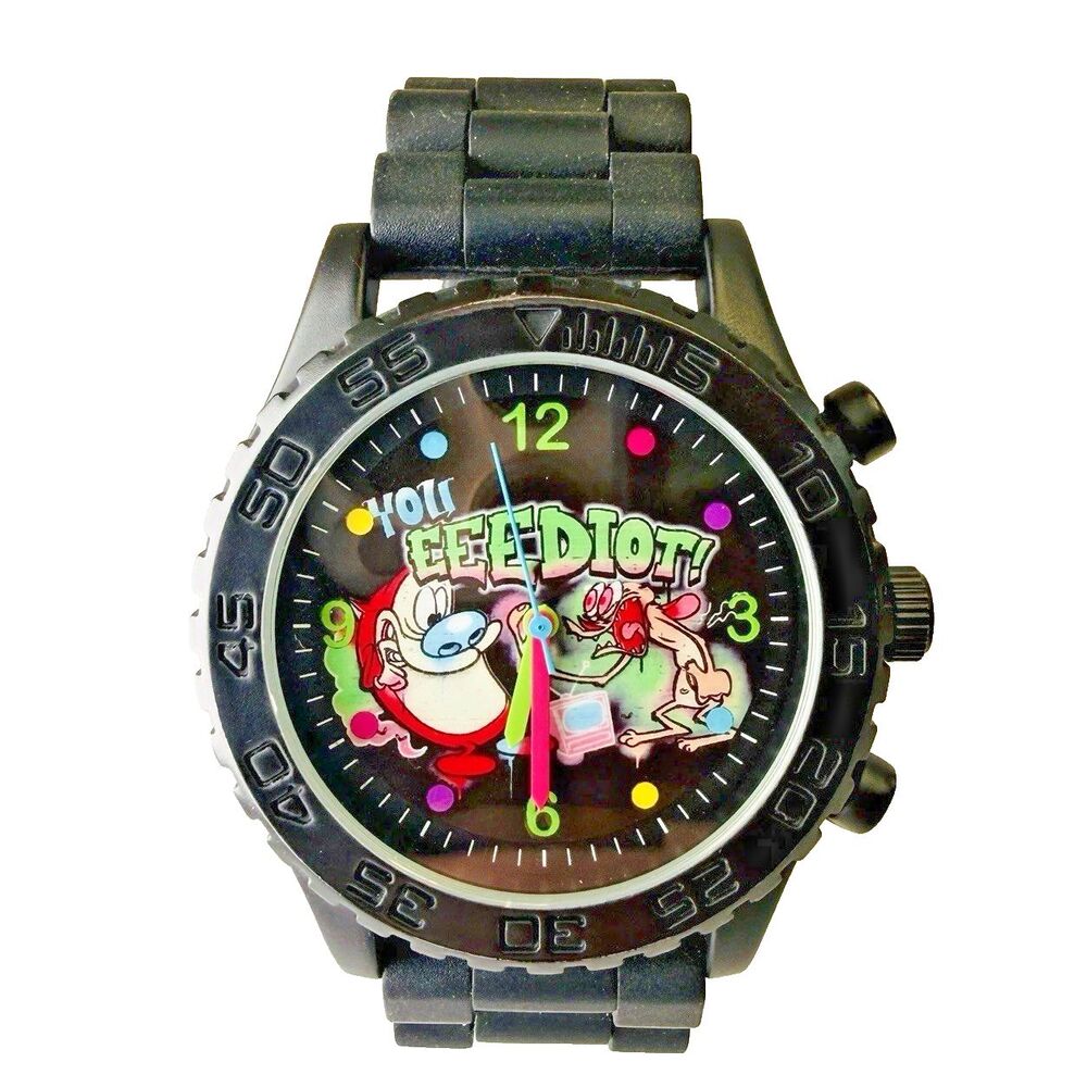 Nickelodeon Ren Stimpy Mens Watch 43mm NIC9006WM Black Stainless Neoprene EUC